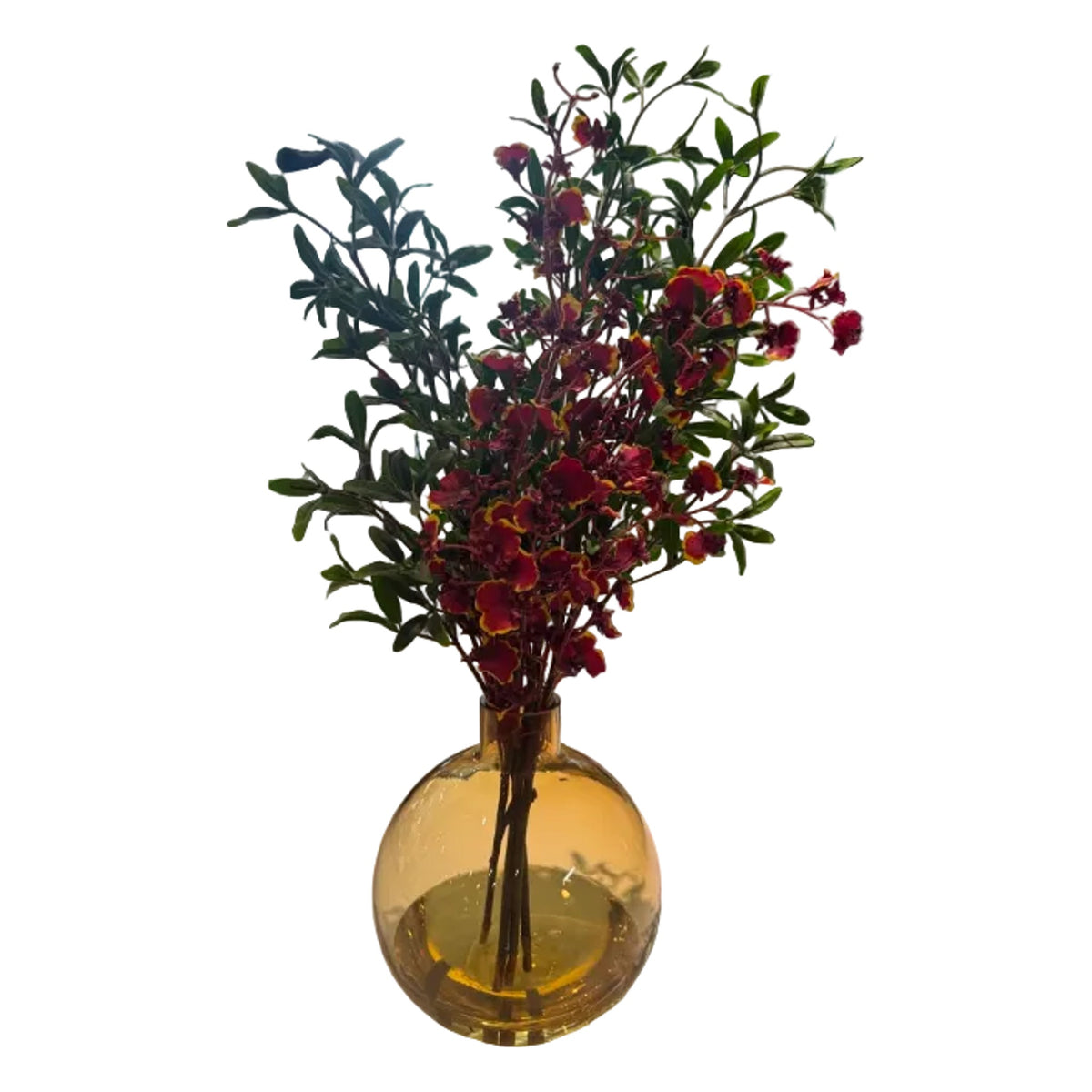 Burgundy Bloom Arrangement in Amber Vase