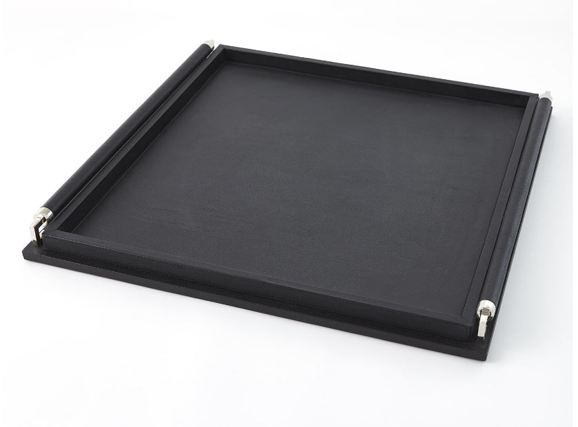Wrapped Handle Tray, Black Leather