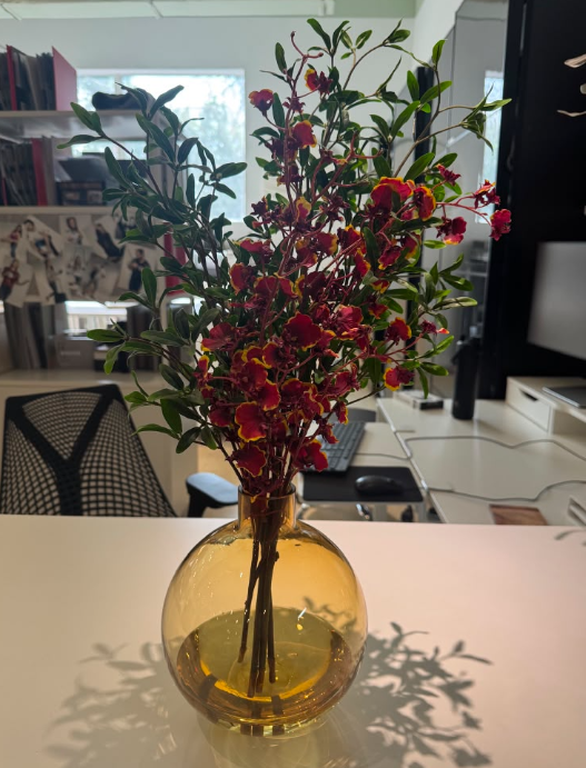 Burgundy Bloom Arrangement in Amber Vase