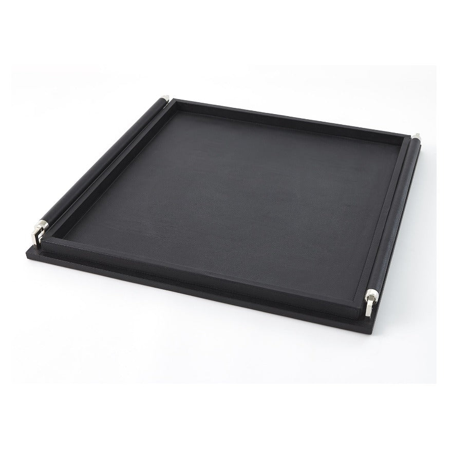 Wrapped Handle Tray, Black Leather