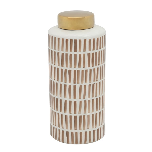 13" Jar W/ Gold Lid, Tan