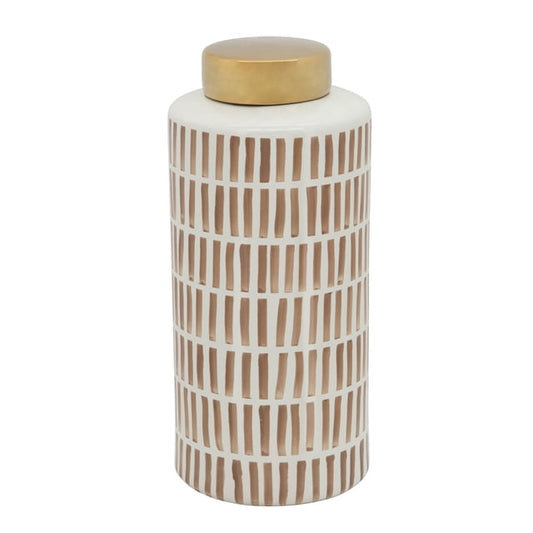 13" Jar W/ Gold Lid, Tan